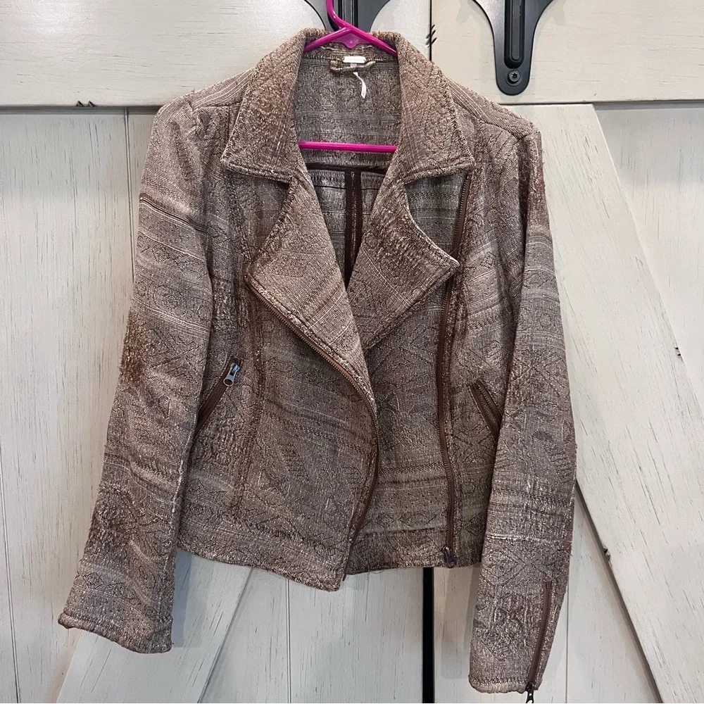 Free People Moto Jacket Brown Drape Front Open Front Open Distressed Size 8 - Picture 2 of 7